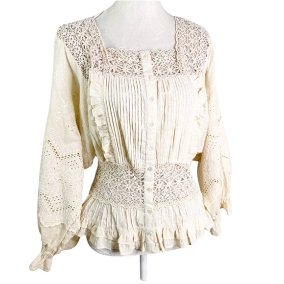 NWT Anthropologie Love Sam Boho Cotton Lace Peplum Full Sleeve Top Ecru Size S - Picture 2 of 16